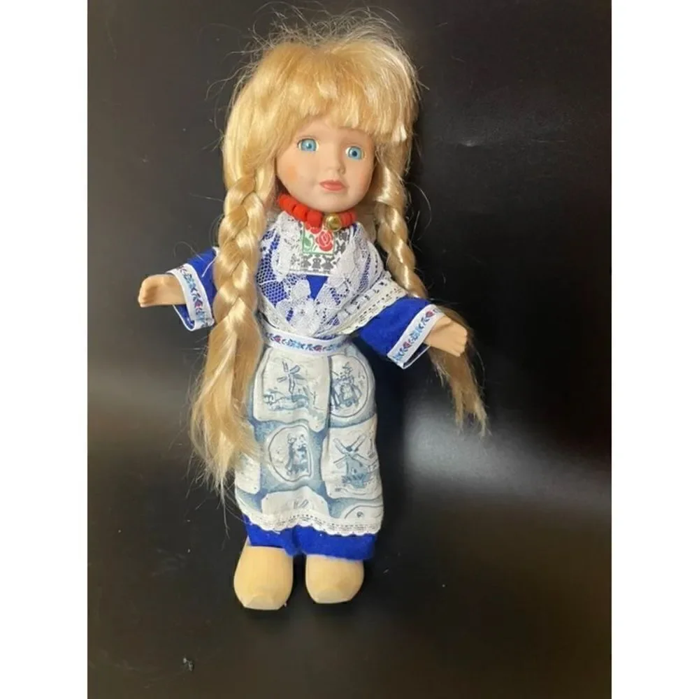 Dutch Holland Porcelain Collectible 11” Doll Blonde pigtail Traditional Dutch